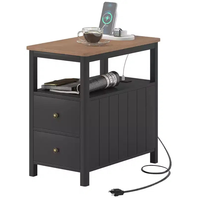 Narrow End Table with Charging Station, USB Ports, Drawers & Shelf, White/Brown