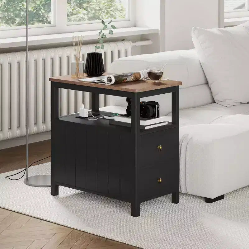 Narrow End Table with Charging Station, USB Ports, Drawers & Shelf, White/Brown