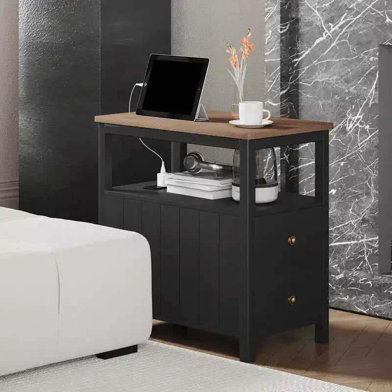 Narrow End Table with Charging Station, USB Ports, Drawers & Shelf, White/Brown