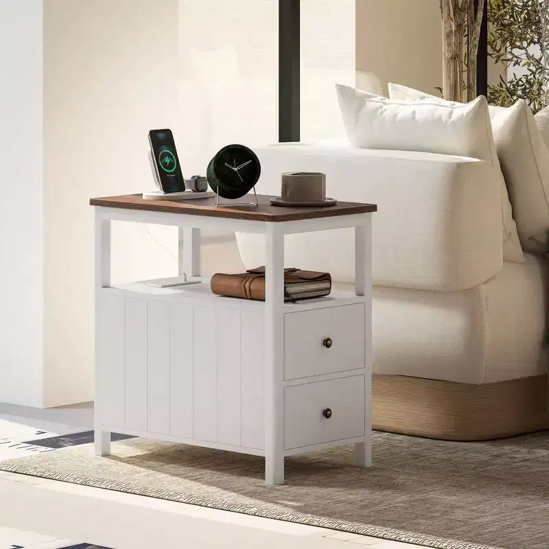 Narrow End Table with Charging Station, USB Ports, Drawers & Shelf, White/Brown