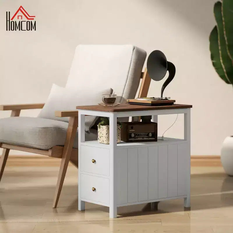Narrow End Table with Charging Station, USB Ports, Drawers & Shelf, White/Brown