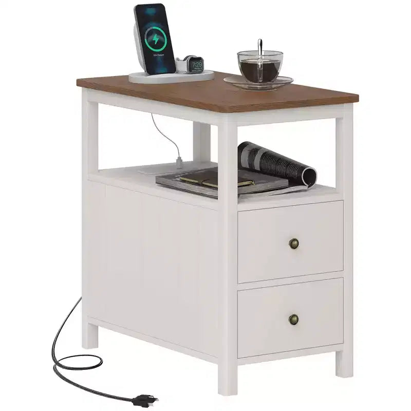 Narrow End Table with Charging Station, USB Ports, Drawers & Shelf, White/Brown