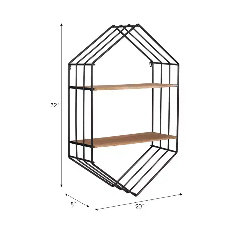 Metal Hexagon Wall Shelf with Wood Shelves, 32"H, Brown & Black