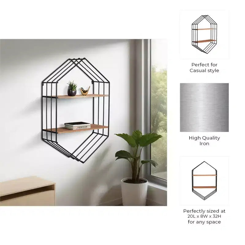 Metal Hexagon Wall Shelf with Wood Shelves, 32"H, Brown & Black