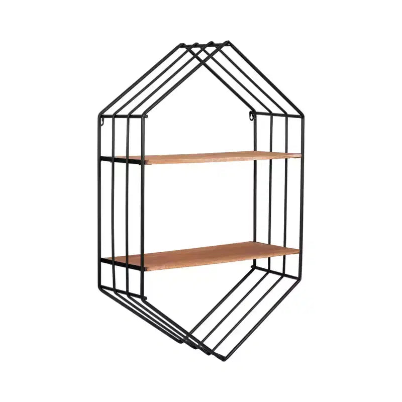 Metal Hexagon Wall Shelf with Wood Shelves, 32"H, Brown & Black