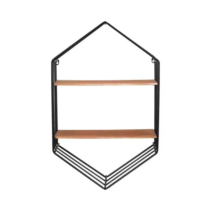Metal Hexagon Wall Shelf with Wood Shelves, 32"H, Brown & Black