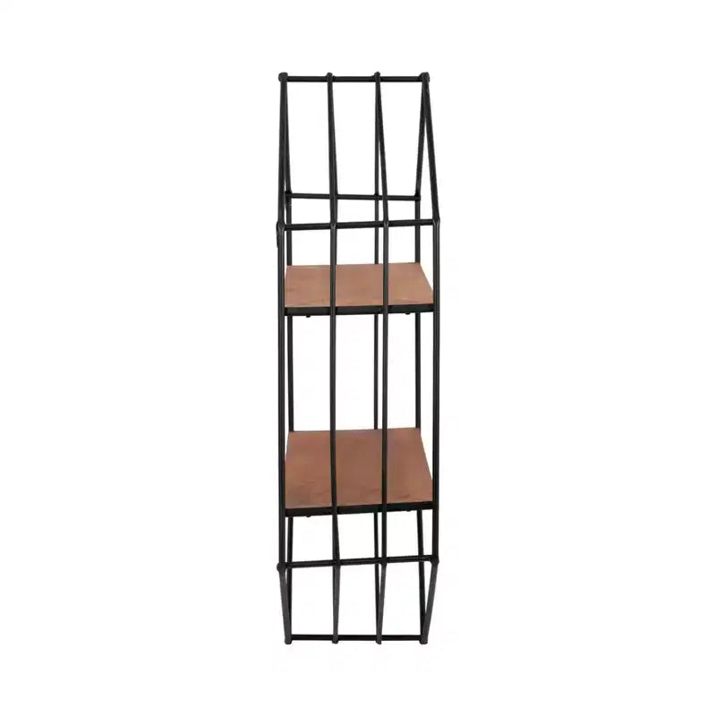 Metal Hexagon Wall Shelf with Wood Shelves, 32"H, Brown & Black