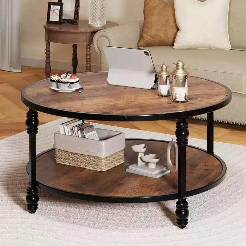 Round Rustic Coffee Table with Storage Shelf, Wood Top, Metal Legs, Brown/Black