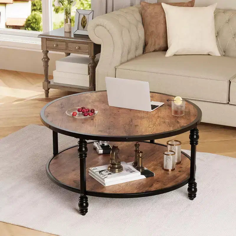 Round Rustic Coffee Table with Storage Shelf, Wood Top, Metal Legs, Brown/Black