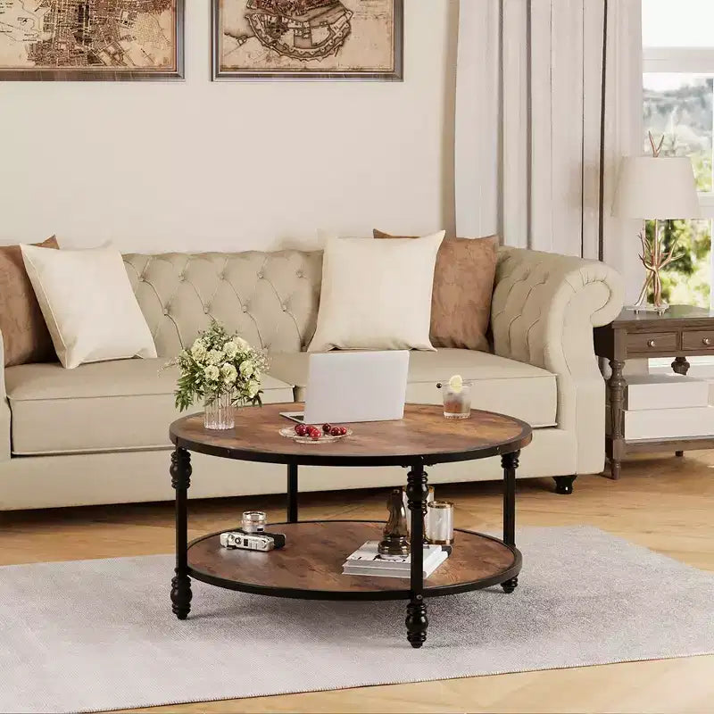 Round Rustic Coffee Table with Storage Shelf, Wood Top, Metal Legs, Brown/Black