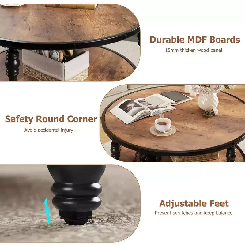 Round Rustic Coffee Table with Storage Shelf, Wood Top, Metal Legs, Brown/Black