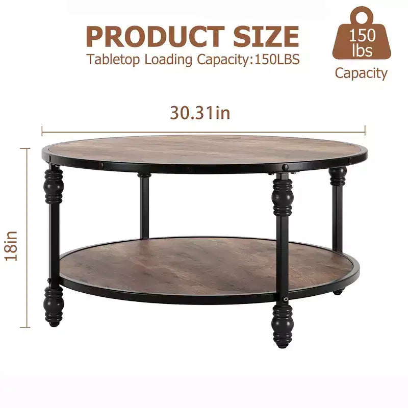 Round Rustic Coffee Table with Storage Shelf, Wood Top, Metal Legs, Brown/Black