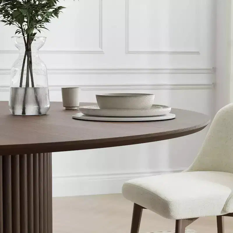Mid-Century Round Dining Table, Solid Rubberwood, Walnut, Seats 4