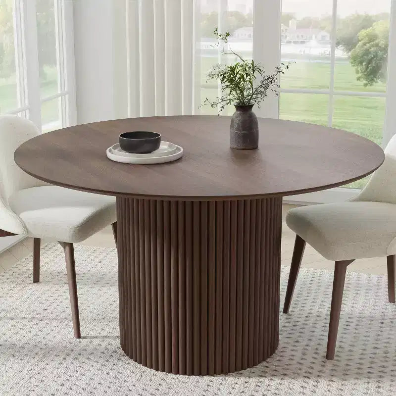 Mid-Century Round Dining Table, Solid Rubberwood, Walnut, Seats 4