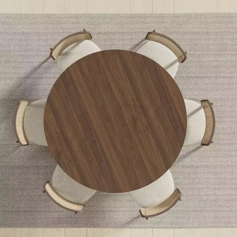 Mid-Century Round Dining Table, Solid Rubberwood, Walnut, Seats 4